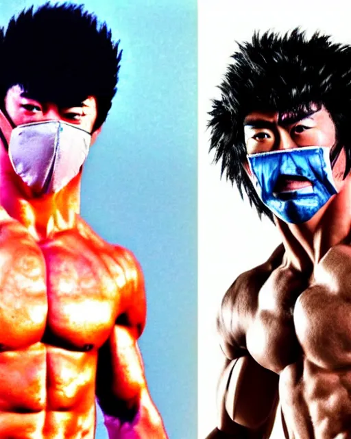 Prompt: Photograph of handsome muscular Japanese actor dressed as Kenshiro from fist of the North Star and as his brother Jaguar wearing his face mask, photorealistic, photographed in the style of Annie Leibovitz