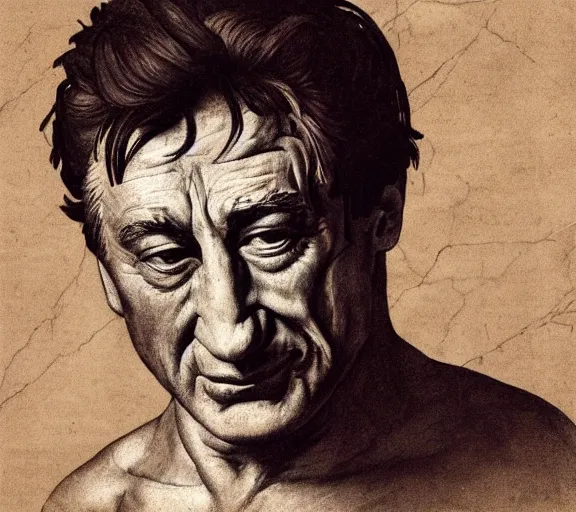 Image similar to a hyper-detailed photograph of Robert DeNiro by Michelangelo in the style of his masterpiece Creation of Man; anatomically correct; trending on artstation