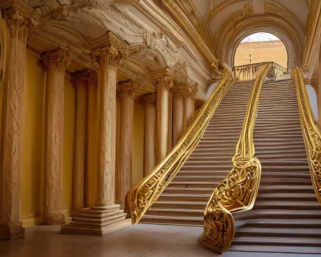 Image similar to city sized clay sculpture in a huge room. golden staircase that ascends towards the moon