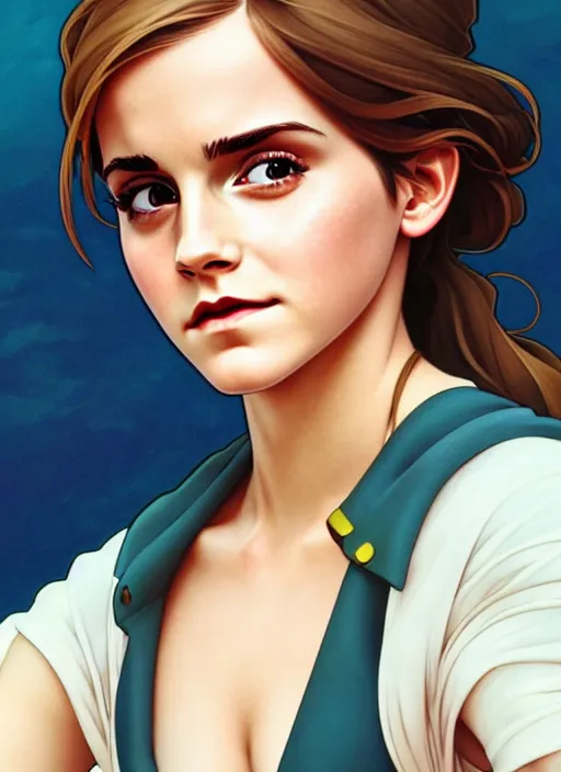 Image similar to cute emma watson trading card design, natural lighting, path traced, highly detailed, high quality, digital painting, by don bluth and ross tran and studio ghibli and alphonse mucha, artgerm