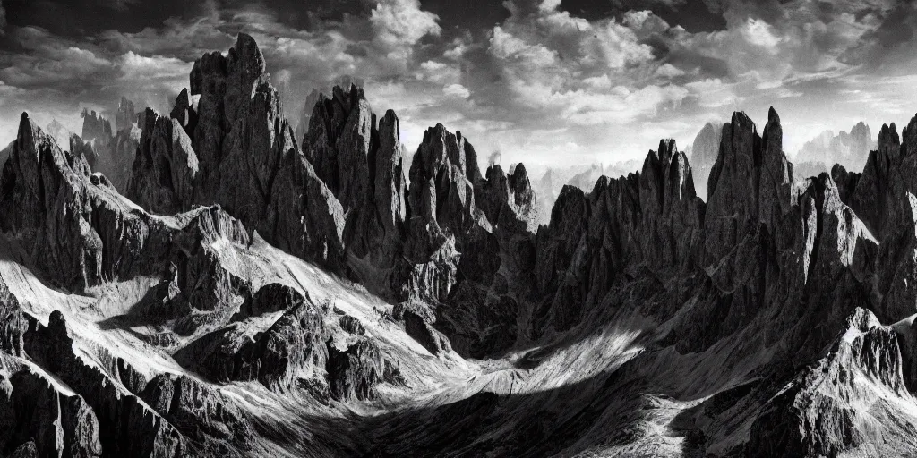 Prompt: who reigns over the dolomites, alpine, detailed intricate insanely detailed octane render, 8k artistic 1920s photography, photorealistic, black and white, chiaroscuro, hd, by David Cronenberg, Raphael, Caravaggio