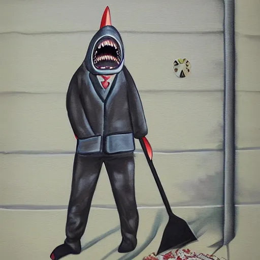 Image similar to Shark in a janitor outfit painting