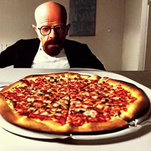 Prompt: low quality photo of heisenberg eating pizza in the sky