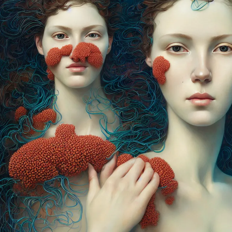 Prompt: portrait of woman with coral!! reef hair. soft light painted by james jean and moebius and erik jones, inspired by mary jane ansell, smooth face feature, intricate oil painting, high detail 3 d render, sharp high detail