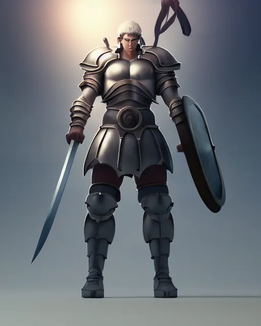 Image similar to strong muscular warrior with a greatsword and fully clad in plate armor, square masculine jaw, short messy hair, intimidating appearance, 3 d octane render, unreal engine 5, ultra high detail, cel shaded, trending on pixiv fanbox, by greg rutkowski makoto shinkai takashi takeuchi studio ghibli, akihiko yoshida