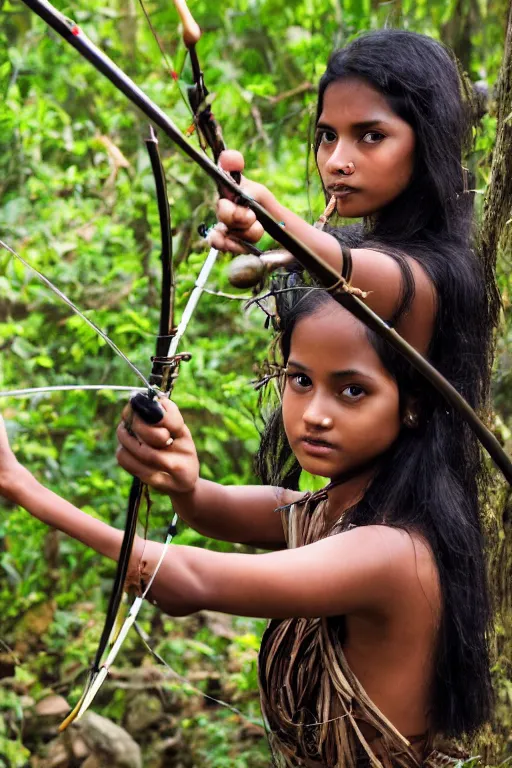 Image similar to a professional photo of a sri lankan jungle girl, black hair, hunter, with bow and arrow, extremely high fidelity, natural lighting.