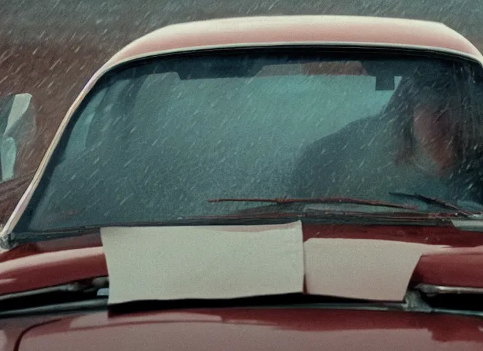 Image similar to A very high resolution image from a new movie, inside of a car, raining, hot, directed by wes anderson