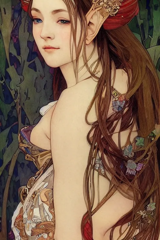 Image similar to beautiful female elf royalty, digital art, 8k, character, realistic, portrait, photorealism, japan watercolour, masterpiece art, alphonse mucha