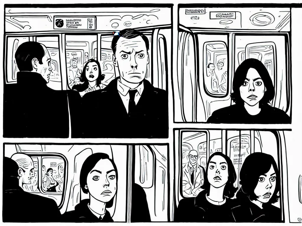 Image similar to a detailed comic panel by Daniel Clowes, 3/4 low angle view shot of two people sitting in an empty Chicago subway train, in front of windows: a sad Aubrey Plaza in a parka and a friendly Mads Mikkelsen in a suit