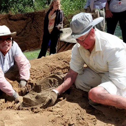 Prompt: photo of archaeologists unearthing a gold statue of danny devito