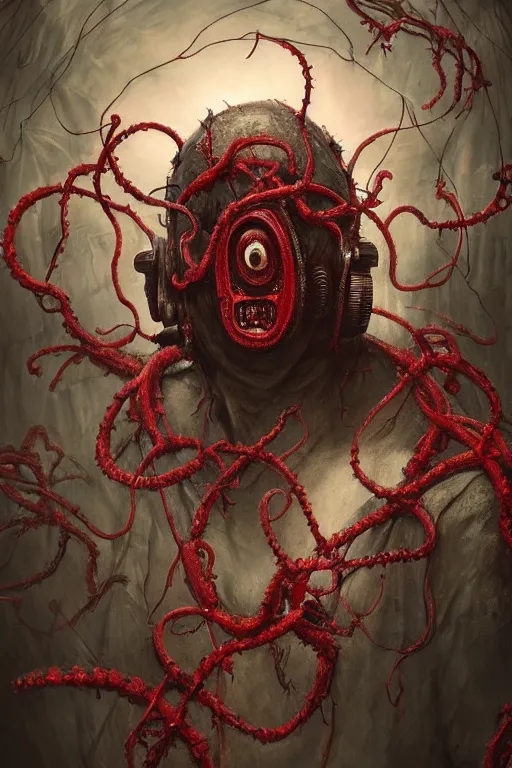 Image similar to realistic portrait beautiful detailed matte painting of cinematic movie scene a zombie with a gas mask, tentacles, black and red, thorns, vines, horror, created by gustave dore and greg rutkowski, high detailed, smooth draw, synthwave neon retro, intricate, realistic proportions, dramatic lighting, trending on artstation.