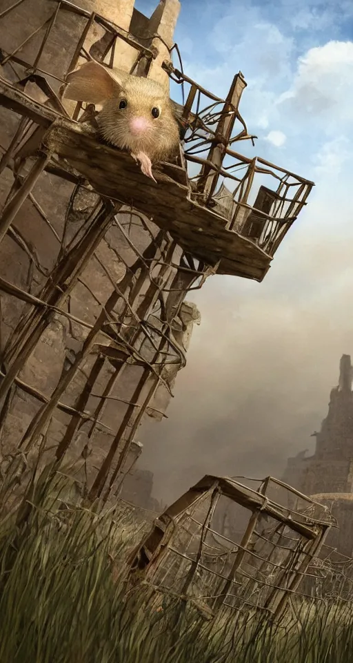 Image similar to close - up selfie shot of dwarf fat - tailed jerboa with rusty broken building constructions of a giant spiral upside - down staircase for multiple cases, leading to the sky, the ruins, in the steppe, summer field, misty background, from the game pathologic 2, highly detailed, sharp focus, matte painting, by isaac levitan and asher brown durand,