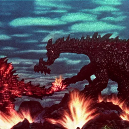 Prompt: wide scenic shot from the David Lynch production of Godzilla vs mechakraken, depicting several kaiju fighting. Cinematic, VHS copy, film grain, 35mm film.