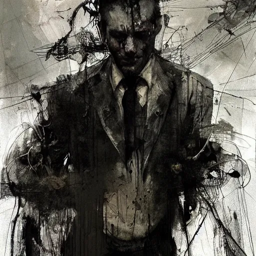 Image similar to man stealing dreams from another man by emil melmoth zdzislaw belsinki craig mullins yoji shinkawa realistic render ominous detailed photo atmospheric by jeremy mann francis bacon and agnes cecile ink drips paint smears digital glitches glitchart