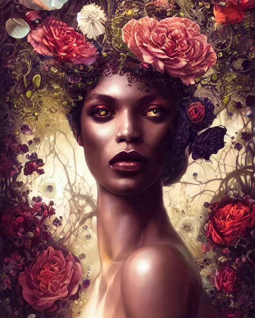 Prompt: portrait of the black queen of the underworld, surrounded by flowers by karol bak, james jean, tom bagshaw, rococo, sharp focus, trending on artstation, cinematic lighting, hyper realism, octane render, 8 k, hyper detailed.