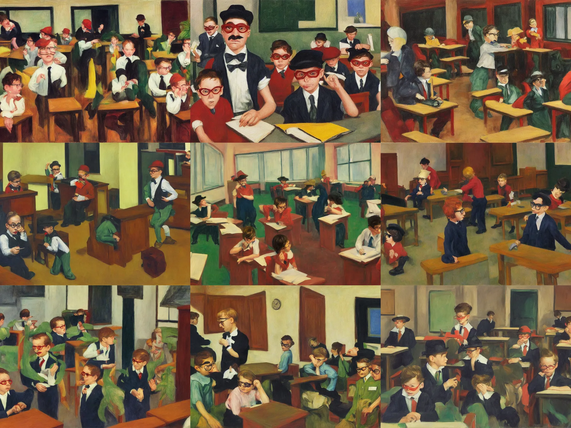 Prompt: small boys disguised with groucho glasses in a classroom with strange vegetation in the style of Edward Hopper and Francis Bacon