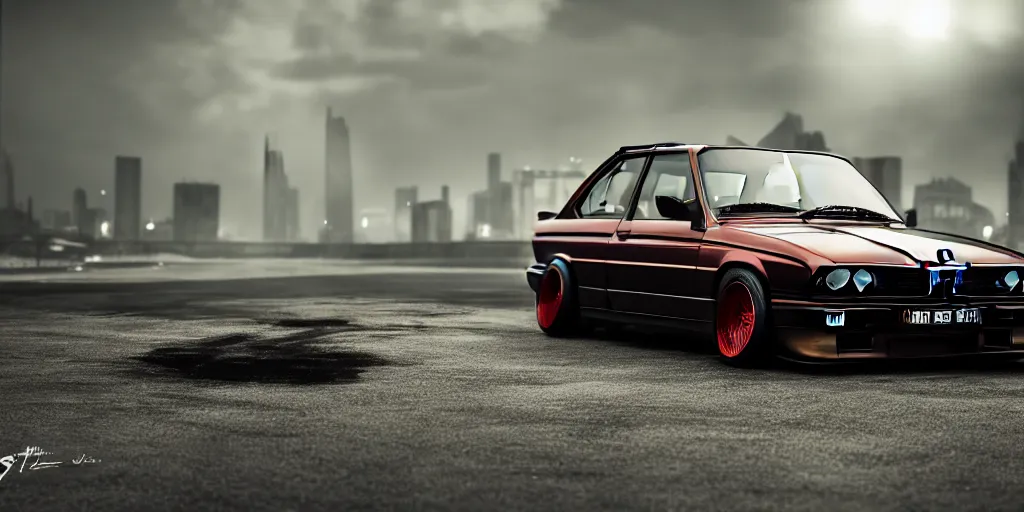 Image similar to a bmw e30, designed by Polestar, blade runner background, stained antique copper car paint, black windows, sport car, dark show room, dramatic lighting, hyper realistic render, depth of field