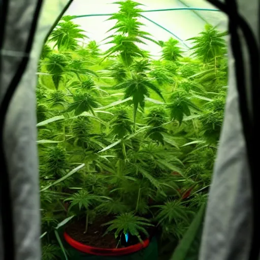 Prompt: picture of marijuana plant taken inside grow tent,