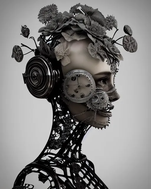 Image similar to monochrome 3 d model, 1 8 7 0 picture, silver mesh floral steampunk biomechanical beautiful young female cyborg with porcelain profile face and a techno eye, volumetric light, leaves foliage and stems, hibiscus flowers, sinuous fine roots, fine foliage lace, alexander mcqueen, rim light, big gothic fashion pearl embroidered collar, octane render, 8 k