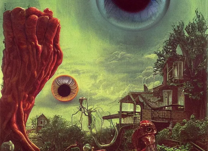 Prompt: a giant floating eye attacking a man in a suburban house garden, fluid, smooth, bright colours, high contrast, sharpness, beautiful, peaceful, very detailed, intricate, volumetric lighting, by giger and corben and moebius and beksinski and bosch and bacon