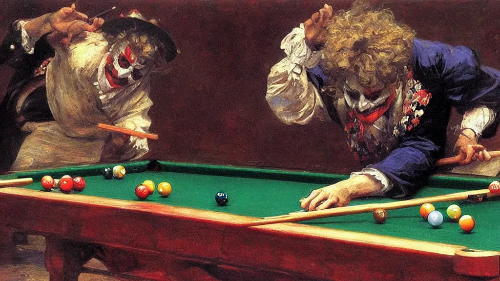 Image similar to high quality high detail painting by ilya repin, the joker playing pool hd