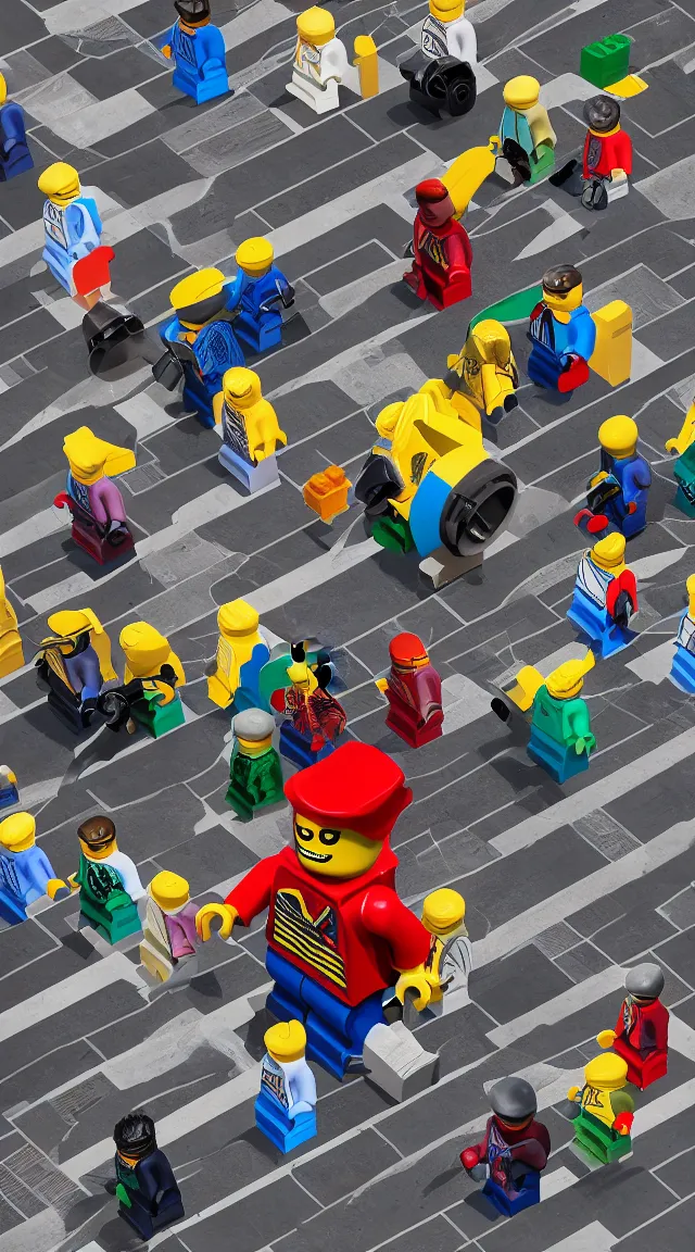 Prompt: hyperrealistic giant enormous lego minifigure walking over city street, street view, epic lighting, composition, view from ground, buildings, cars, sky