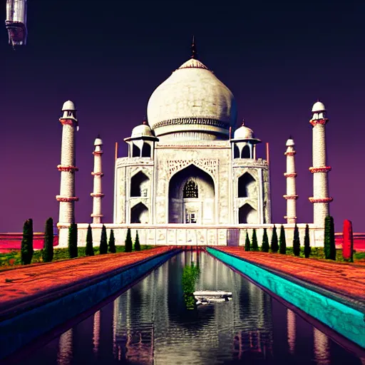 Image similar to if The Taj Mahal was built in cyberpunk 2077, hyper-realistic, futuristic, neon lights, digital art, cinematic 3d render