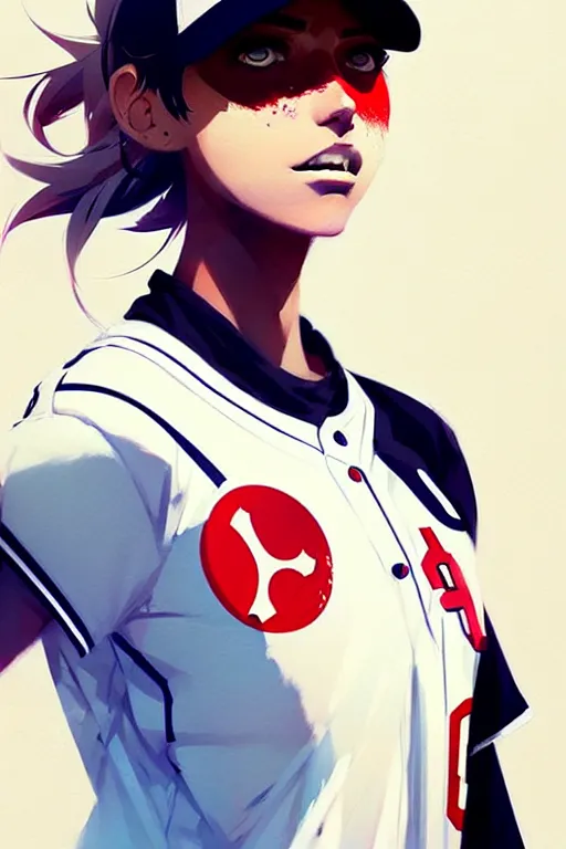 Image similar to a ultradetailed beautiful panting of a stylish girl in a baseball jersey, by conrad roset, greg rutkowski and makoto shinkai, trending on artstation