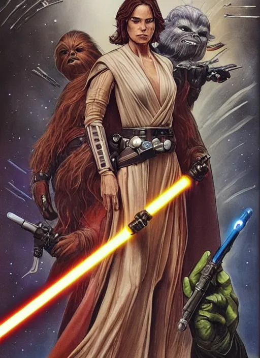 Image similar to movie poster by iain mccaig and magali villeneuve, a beautiful woman jedi master, highly detailed. star wars expanded universe, she is about 2 0 years old, wearing jedi robes.
