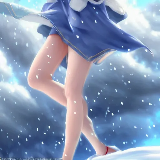 Prompt: full body shot : a very beautiful mature blond anime girl in a snowstorm, beanie, sky blue eyes,, bikini, miniskirt, highly detailed, cinematic wallpaper by stanley artgerm lau