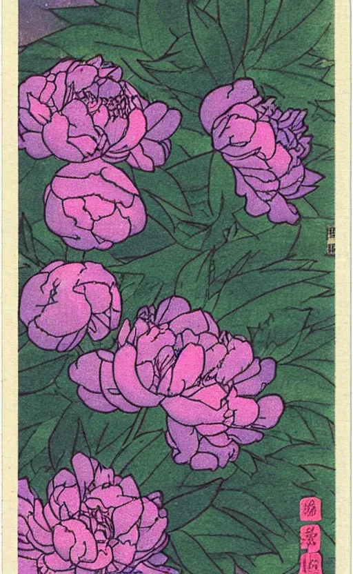 Prompt: by akio watanabe, manga art, light violet blue peony outside window, trading card front