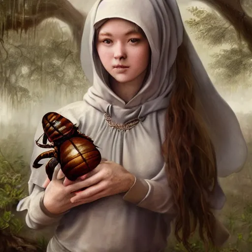 Image similar to A masterpiece portrait of a Incredibly beautiful maid barique renaissance swamp nun girl holding very beautiful big shiny king beetle. hunting on deer with russian greyhound medium shot, intricate, elegant, highly detailed. trending on artstation, digital art, by Stanley Artgerm Lau, WLOP, Rossdraws, James Jean, Andrei Riabovitchev, Marc Simonetti, Yoshitaka Amano. background by James Jean and Gustav Klimt, light by Julie Bell, 4k, porcelain skin.