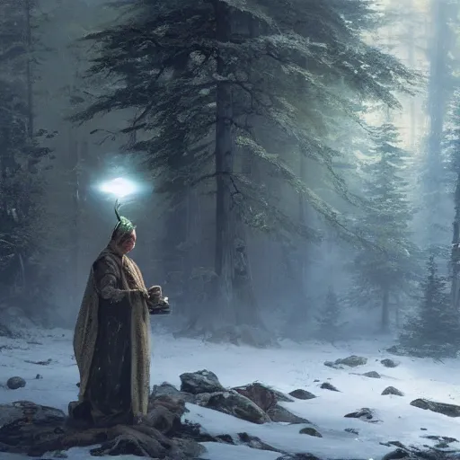 Image similar to a mysterious elf, glowing and wearing a loose robe, levitating and surrounded by an orb of infinite energy, Ivan Shishkin and Greg Rutkowski