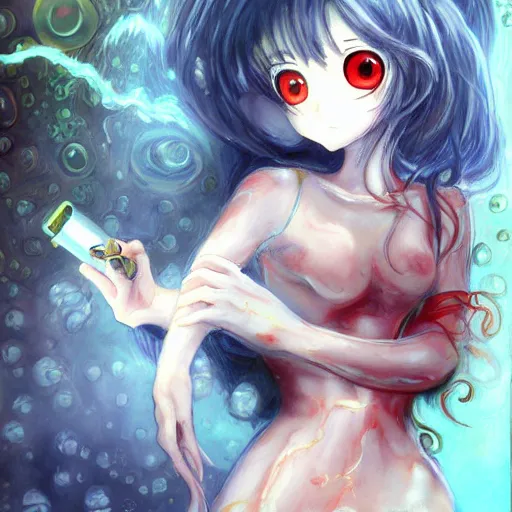 Image similar to big eyed shoggoth anime-girl smoking a cigarette hyperreality painting by amano yoshitaka, lilia alvarado 8k hd hyperdetailed deviantart shoggoth meat slime smoking a cigarette lovecraftian horror shoggoth