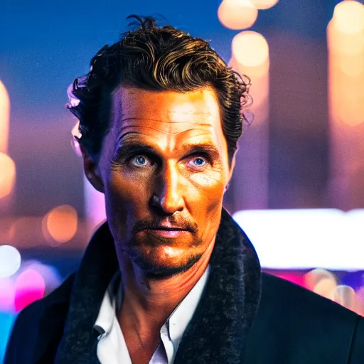 Image similar to a still of matthew mcconaughey . Shallow depth of field. City at night in background, lights, colors ,studio lighting, mood, 4K. Profession photography