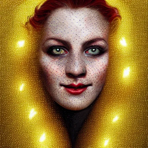 Image similar to a totally amazed smiling pretty batman surrounded by golden firefly lights in a mesmerizing scene, fully covering intricate detailed bohemian outfit, long loose red hair, precise linework, accurate green eyes, small nose with freckles, beautiful smooth oval head, expressive emotions, hyper realistic ultrafine portrait by artemisia gentileschi, jessica rossier, greg rutkowski, artgerm