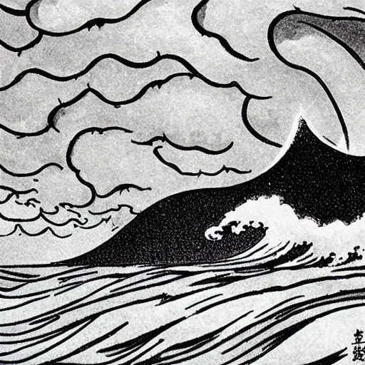 Image similar to by osamu tezuka balmy, monumental amaranth, cinnamon. the mixed mediart of a huge wave about to crash down on three small boats. the boats are filled with people, & they all look terrified.