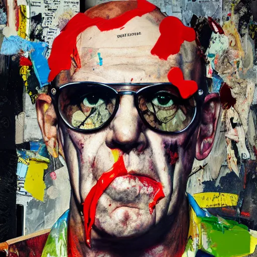 Image similar to hyperrealistic, photorealistic, mixed media oil painting of hunter s thompson, magazine scraps, plaster, blood, oil, mustard, splatter, greg rutkowski, basquiat, ralph steadman, wesley kimler, terry gilliam, andy warhol, dali