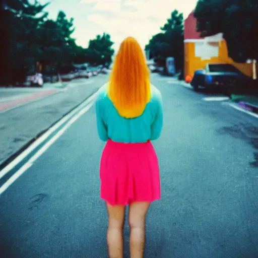 Image similar to colorful instant photograph of a woman in the middle of the street, polaroid, light leak, raw, nostalgic, daylight, blue sky, clouds