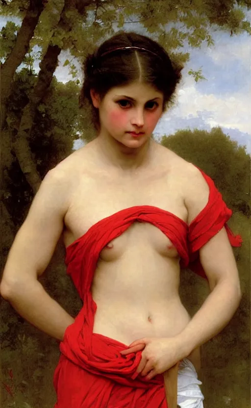 Prompt: portrait of athletic livid girl, red and white peplos , hd, realistic, bouguereau