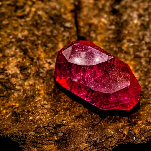 Image similar to a deep red, glowing, stick - shaped crystal on a rock, film grain