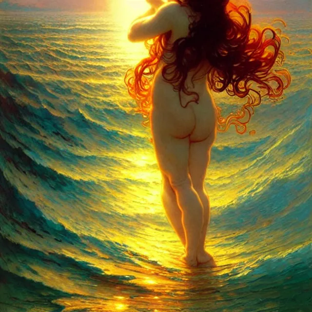 Image similar to ocean waves of glossy liquid honey drops flowing like translucent amber, lsd waves, lsd ripples, backlit, sunset, refracted lighting, art by collier, albert aublet, krenz cushart, artem demura, alphonse mucha