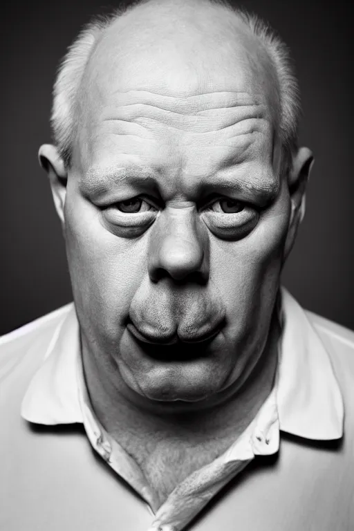 Prompt: studio portrait of man that looks excactly like homer simpson, lookalike, as if homer simpson came to life, soft light, black background, fine details, close - up, award winning photo by martin schoeller