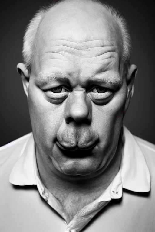 Image similar to studio portrait of man that looks excactly like homer simpson, lookalike, as if homer simpson came to life, soft light, black background, fine details, close - up, award winning photo by martin schoeller