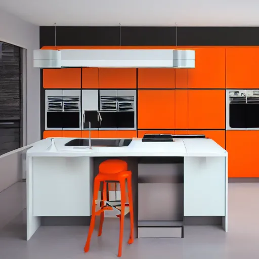 Image similar to 1970's futurist interior kitchen, furnished by aero aarino, primary colors are white, orange, yellow, and red unreal engine 8k resolution