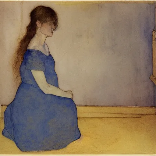 Image similar to close up of a girl in a blue and gold haunted liminal abandoned room, watercolor by schiele, by hammershøi, art noveau, highly detailed, lights by edward hopper, liminal, eerie, bright pastel colors