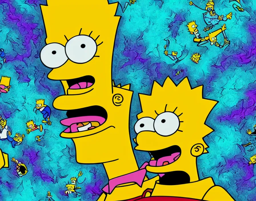 Image similar to trippy bart simpson, beautiful texture, beautiful graphics, fantasy artwork, very beautiful scenery, hd, hdr, ue 5, ue 6, unreal engine 5, cinematic 4 k wallpaper, 8 k, ultra detailed