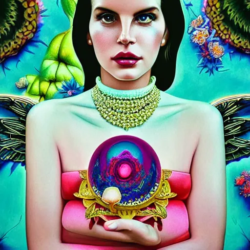 Image similar to pretty lana del rey with hallucination mushroom : : by martine johanna and simon stalenhag and chie yoshii and casey weldon and wlop : : ornate, dynamic, particulate, rich colors, intricate, elegant, highly detailed, vogue, harper's bazaar art, fashion magazine, smooth, sharp focus, 8 k, octane render,