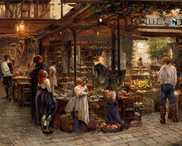 Prompt: concept art for fable bowerstone market, key lighting, soft lights, by steve hanks, by edgar maxence, by caravaggio, by michael whelan, by delacroix, by serov valentin, by tarkovsky, 8 k render, detailed, oil on canvas