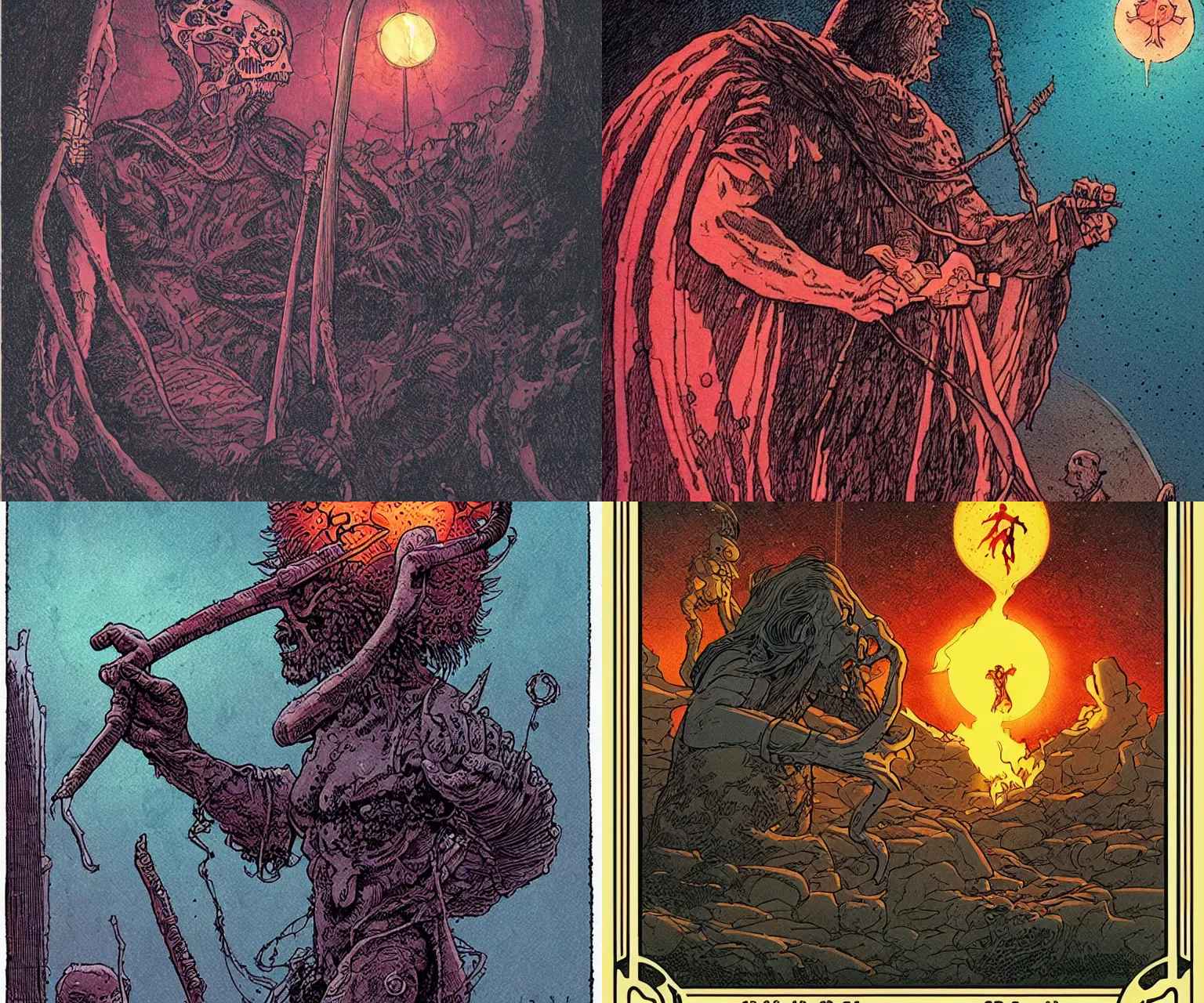 Prompt: god of death tarot card in the style of john harris and tim doyle by moebius, intricate, very detailed